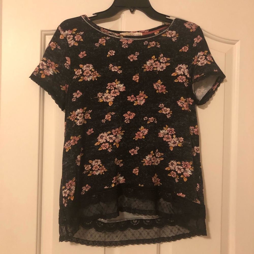 Black floral top with lacy hem